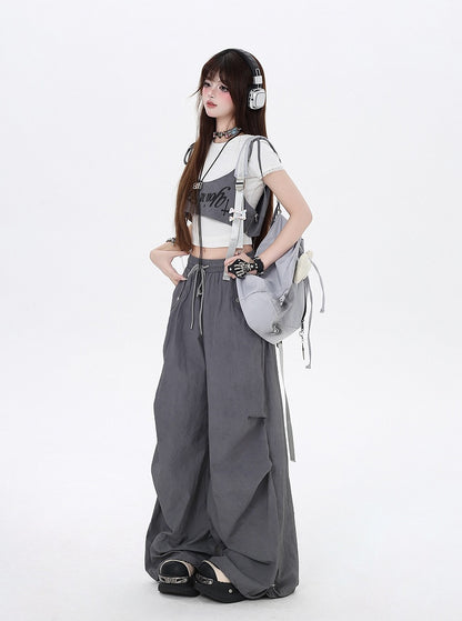 Asymmetrical Accessory Punk Waist Drawstring Waist Wasteland Gray Pants with