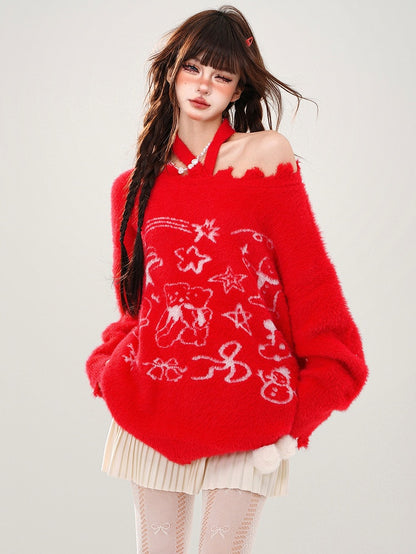 Red Bears and Stars Halter Neck Loose Sweater with Free Scarf