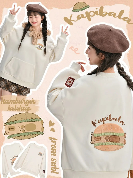 Cute Capybara Burger Applique Beige Thick Sweatshirt