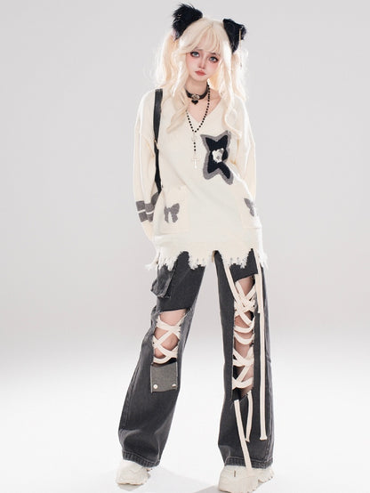 Apricot Kitty and Star Distress Trim V-neck Sweater