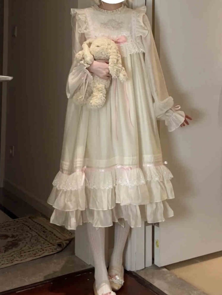 Apricot Bear Embroidery Bowknot Nightdress