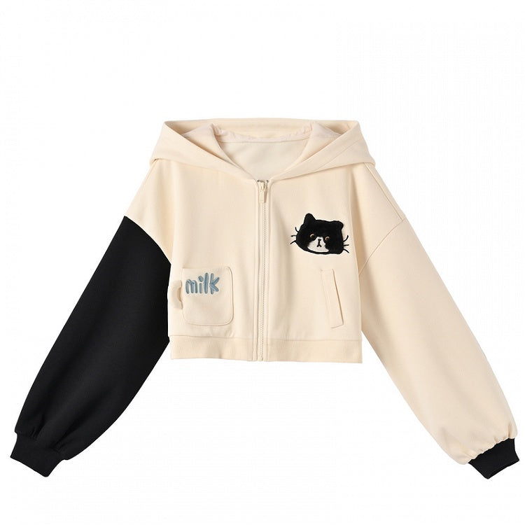 Black and White Kitty Ear Hood Kitty Pattern Zip Closure Cropped Hoodie