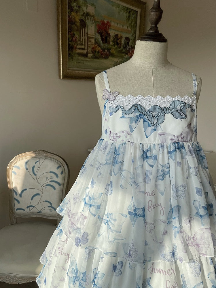 Robe Lolita d'été bleue taille haute avec imprimé nœuds et jupe à volants