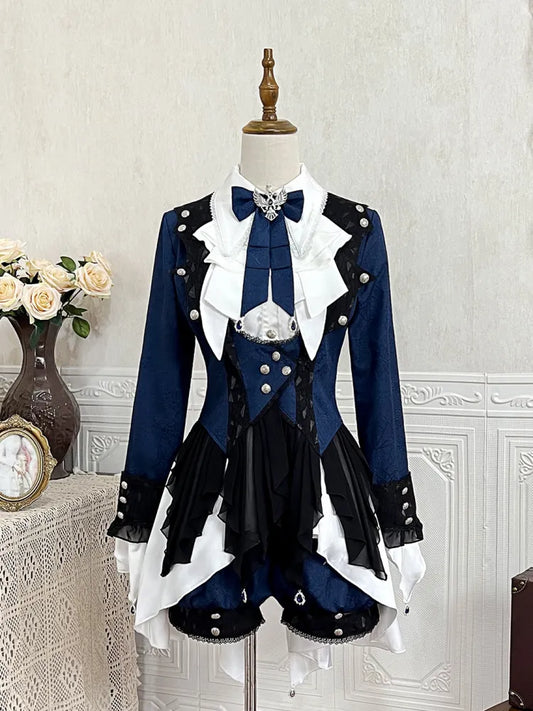 Lolita Ruffle Style Coat Ouji Hemline Web Blue Dark Fabric Cascading Spider Trim Prince
