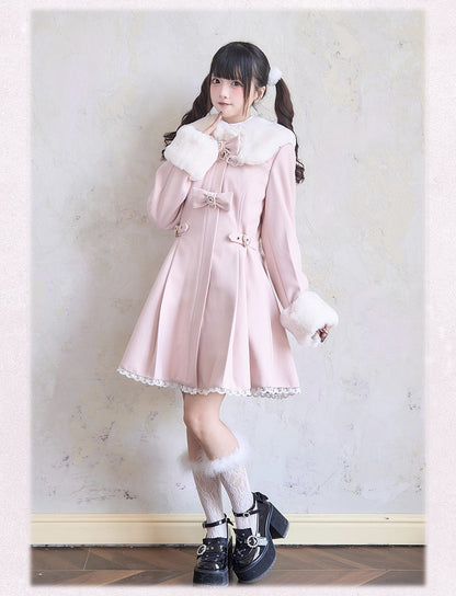 Cuffs Jirai Kei Plush Collar Rhinestones Lace Trim and Pink Coat Bowknots