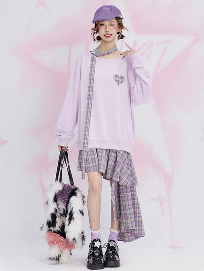 Purple Plaid Patchwork Fake Two-piece Sweatshirt Dress Asymmetrical Hem with Free Scarf
