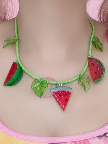 Leaf Y2K GreenRed Watermelon Pendant And Necklace