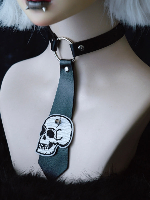 Verziertes PU-Halsband mit Applikationen und Nieten, Gothic-Krawatte, schwarzes Skelett