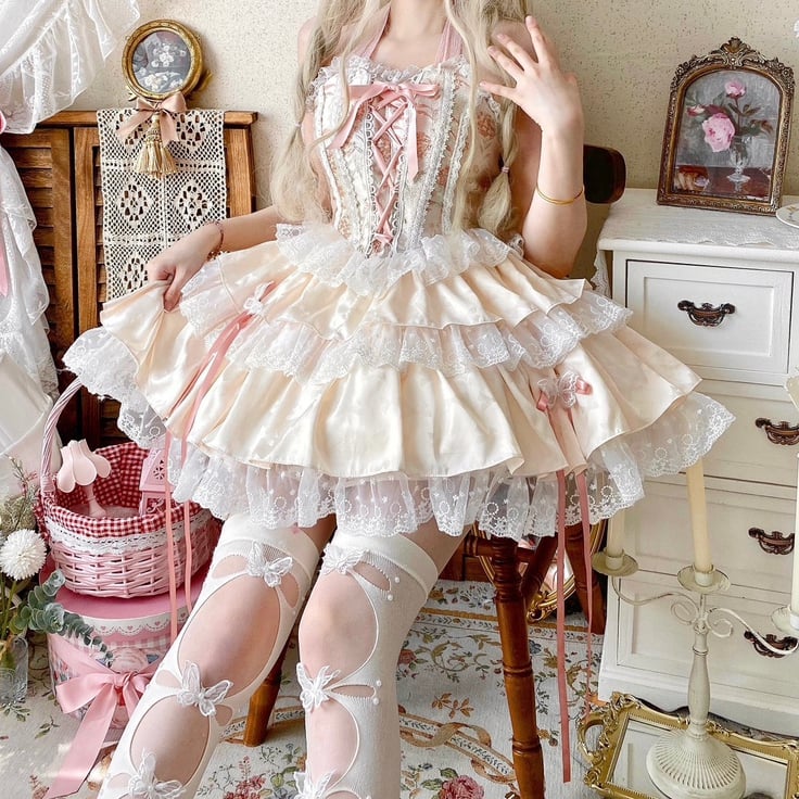 Tiered Boned Corset + Top Balletcore Skirt Halter Neck Pink Ruffle