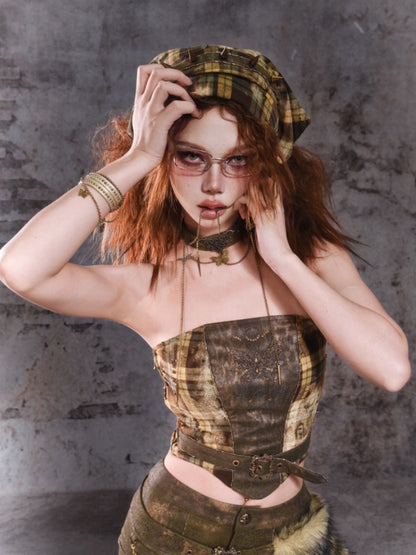 Grün kariertes Muster Ohrstecker Metall Schmetterling KC