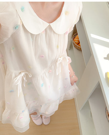 Pattern Colorful Polka-dot White Peter Pan Collar Puff Sleeves Chiffon Dress