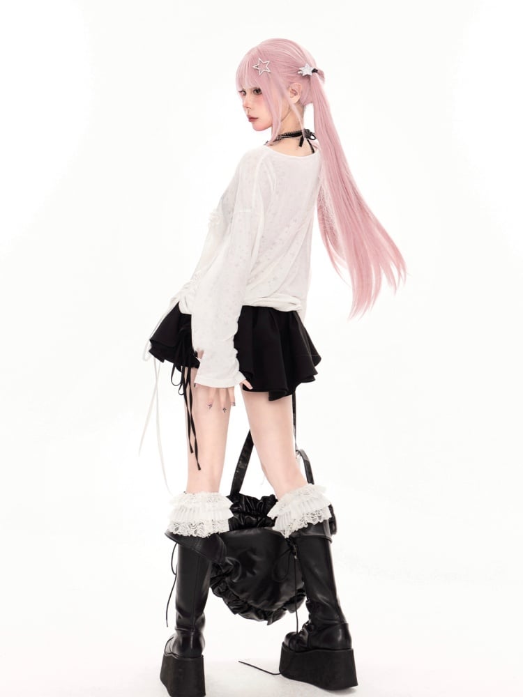 White Asymmetrical Neckline Ruffled Star Drawstring Side Coverup