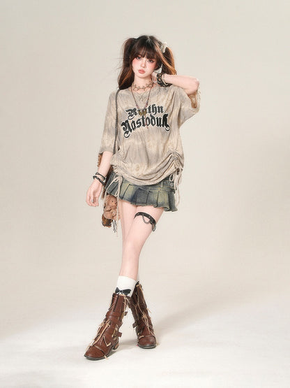 Loose Apricot Letter Print Drawstring Waist Distressed Holes T-Shirt