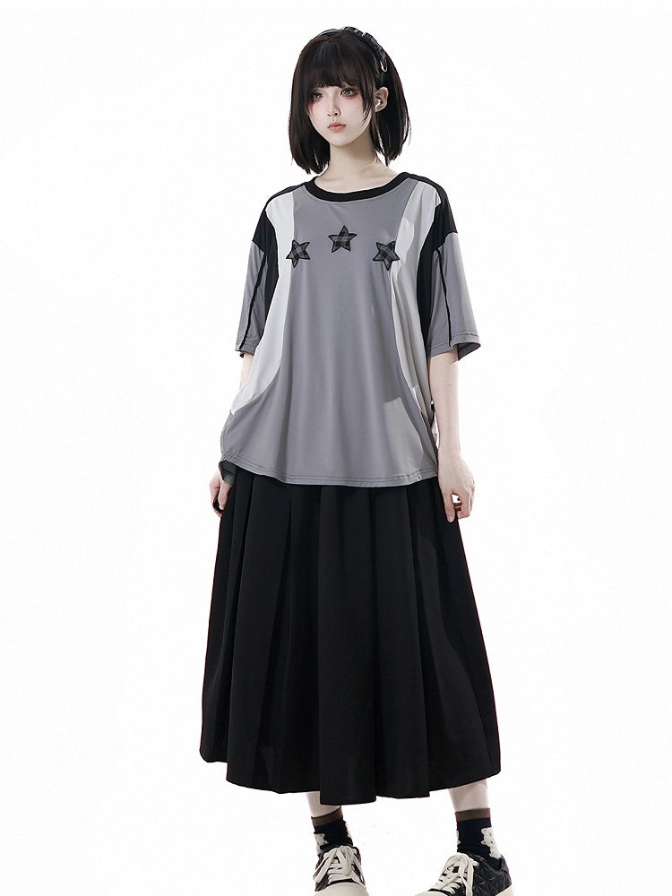 Neck Design Round Sports T-shirt Colorblock Star Appliques Plaid Black/Gray