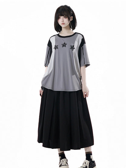 Neck Design Round Sports T-shirt Colorblock Star Appliques Plaid Black/Gray