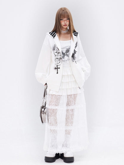 Long White Lace Skirt Hem Ruffle Tiered