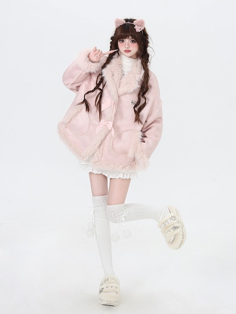 Pink Bowknot Detail Faux Fur Trim Thick Coat