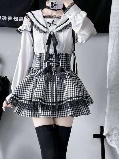 Pendant Trim Blouse Lace with Jirai Kei Black/White Sailor Collar Cutout Choker Shoulder Heart