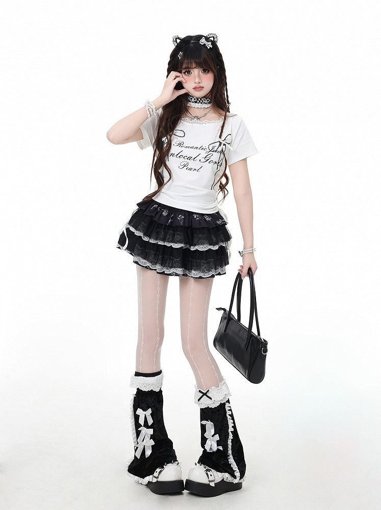 T-Shirt Graphic Black/Grey/White Details Drawstring Waist Lace Trim Bowknot