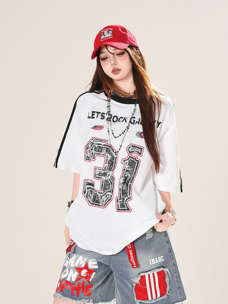 White Blokette Core Print Loose T-Shirt Number