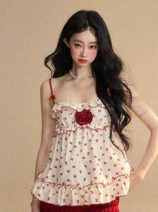 Floral Trim Apricot Ruffled Cami Red Bowknots Print Embellished Top