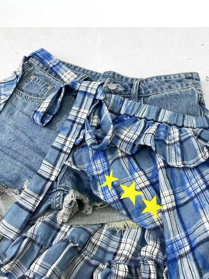 Warmers + Blue Print Hem Shorts Glamorous Pattern Bittersweet Asymmetrical Star Set- Plaid Applique Skirt Leg Cross