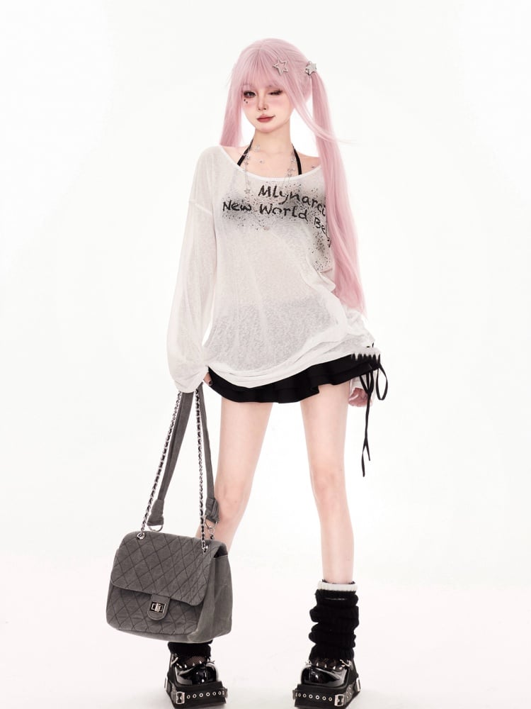 White Letter Print Coverup Semi-sheer Neckline Asymmetrical