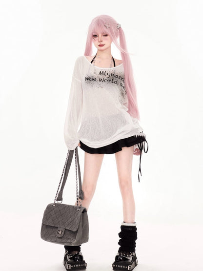 White Letter Print Coverup Semi-sheer Neckline Asymmetrical