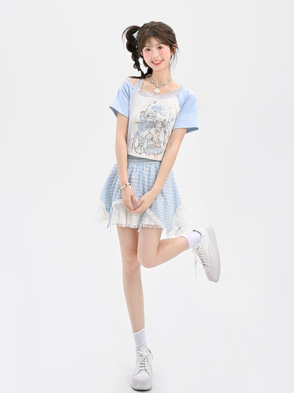 Light Blue Design Anime Girl Print T-Shirt Colorblock Short/Long Version