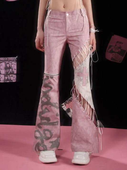 Asymmetrical Flared Detail Pink Pants Lace-up Dusty