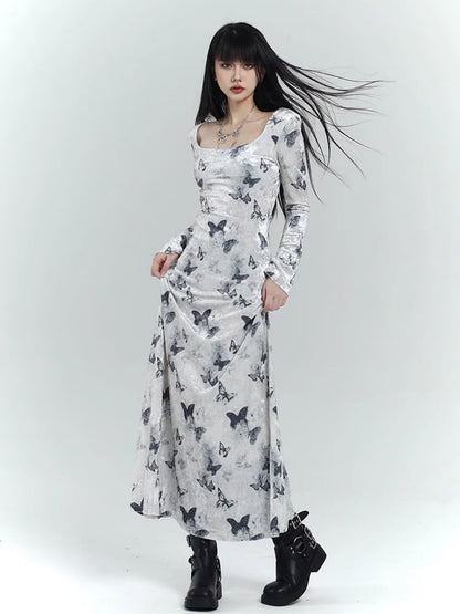 Robe moulante en velours blanc à imprimé papillon