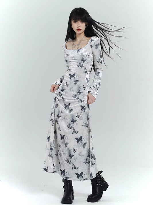 Robe moulante en velours blanc à imprimé papillon