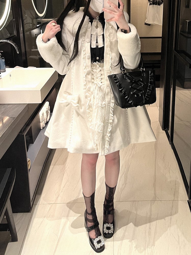 Jirai Kei White/Black Detachable Cape Bowknot Details Landmine Style Coat