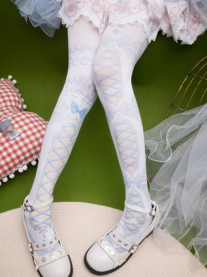 Butterfly Print Crisscorss Banded Tights And Asymmetrical Pink/Blue/Black/Yellow/Red