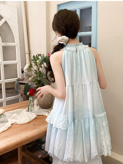 Light Skirt Buttons Sleeveless Dress Halter Neck Bubble Blue Ruffled Bead