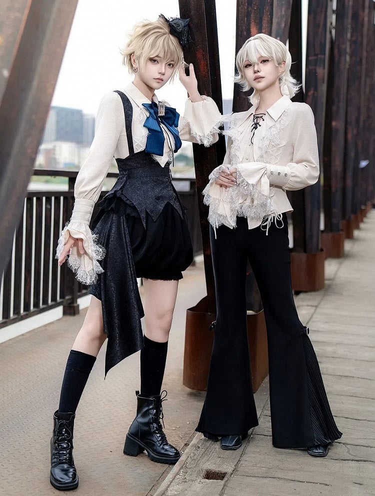 Flared Black Buckle Pants Cuffs and Pleated