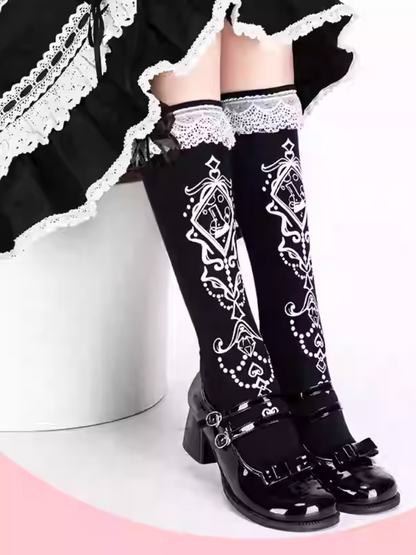 Black Ruffled Lace Cuff Printed Lolita  Under Knee Stockings