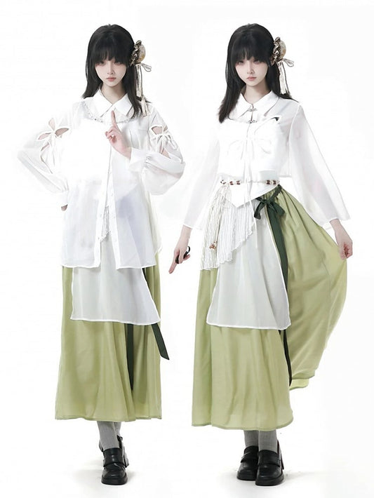 Style Green Cheongsam Elastic Waist Long Skirt with Waist Belt