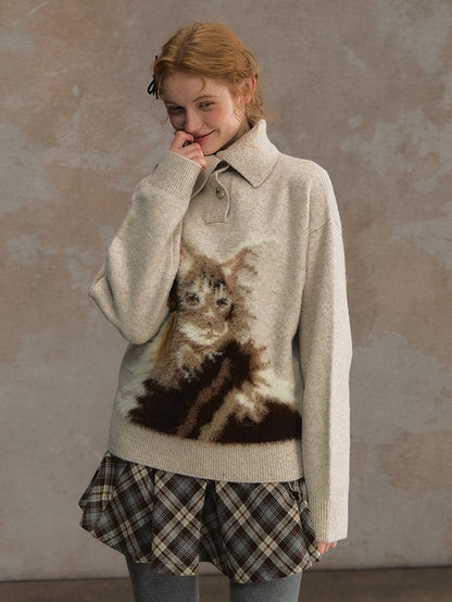 Beige/Brown Cozy Loose-Fit Pullover Sweater with Cat Design and Convertible Collar