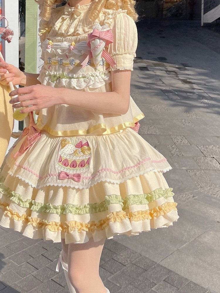 Jumper Cake Strawberry Skirt Pastel Color Summer Cream Embroidery Sweet Lolita