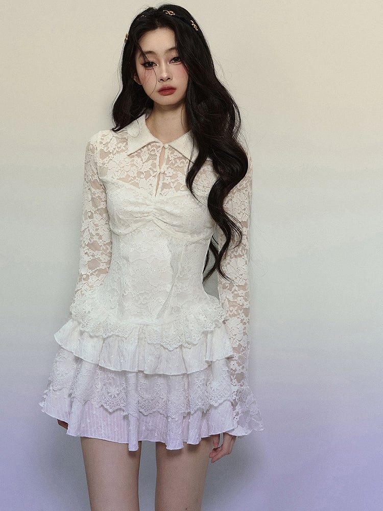 White Cutout Detail Bell Sleeves Tiered Skirt Lace Mini Dress