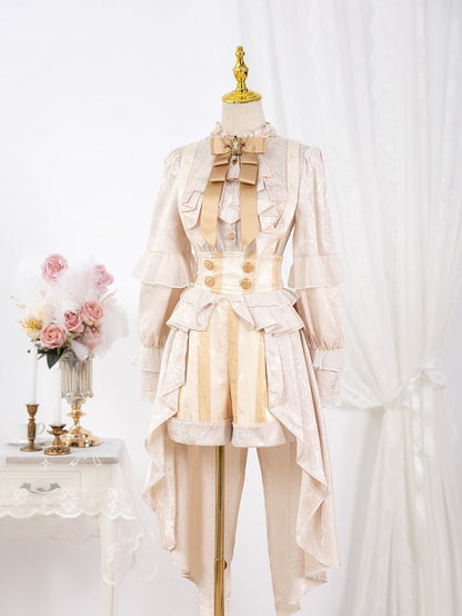 Pattern Champagne Ouji High Striped Lolita Shorts Train Cascading Ruffle Waist Overall with