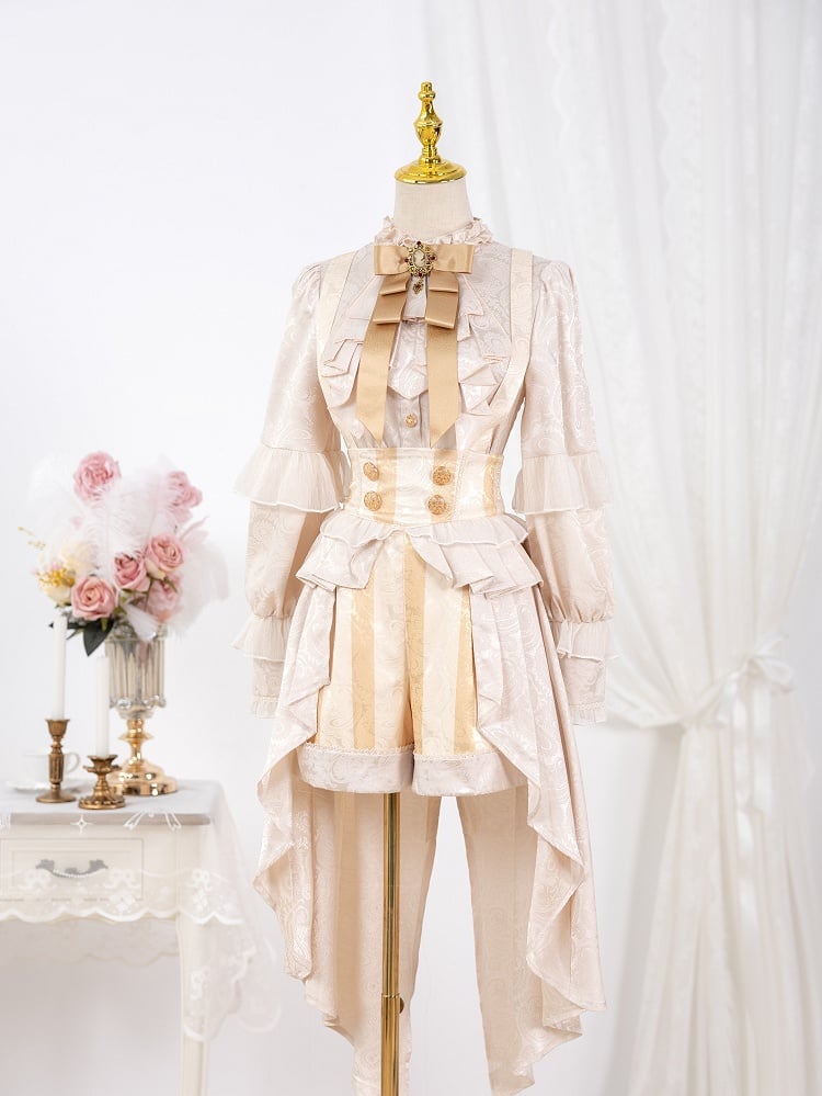 Pattern Sleeves Long Shorts Striped Champagne + Neckline Overall Ouji Outfit Lolita Prince Ruffle Shirt