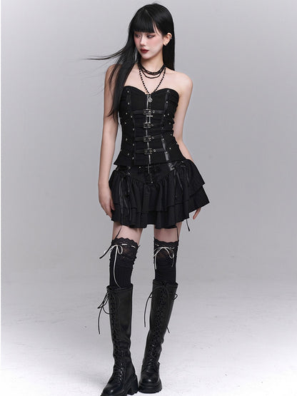 Lace Tiered Skirt Cross Black Lace-up Waist Studded