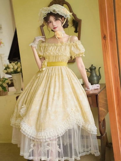 Yellow Versatile Neckline Light Print Bows High and Butterfly