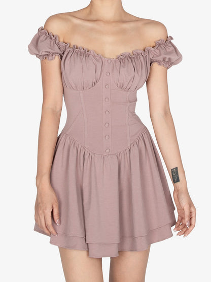 Dusty Pink Ruffled Off-the-shoulder Neckline Short Puff Sleeves Mini Dress