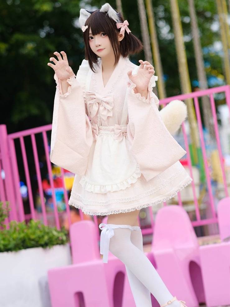 Wa Kei Pink Set-Bell Full Style Jirai Sleeves Blossom Apron Dress+Flutter Outfit Festival Cherry