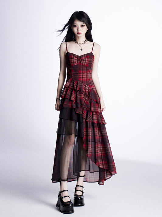 Taille Asymmetrische Rot Plaid Cami Kleid Tiered Rüschen mit