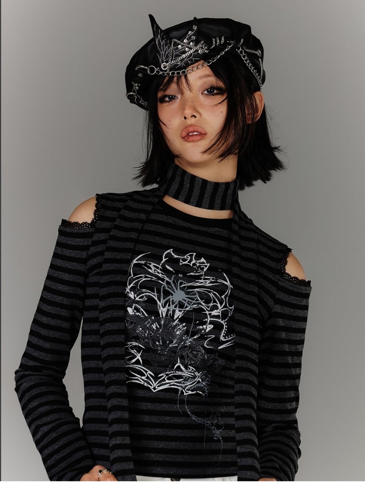 mit Schal Schwarz Grau Gestreift Cutout Schulter Grafik Top Star Punk