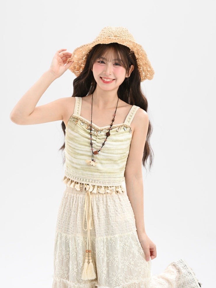 Cami Top Tassel Shell Charm Green Slim-fitting Hem
